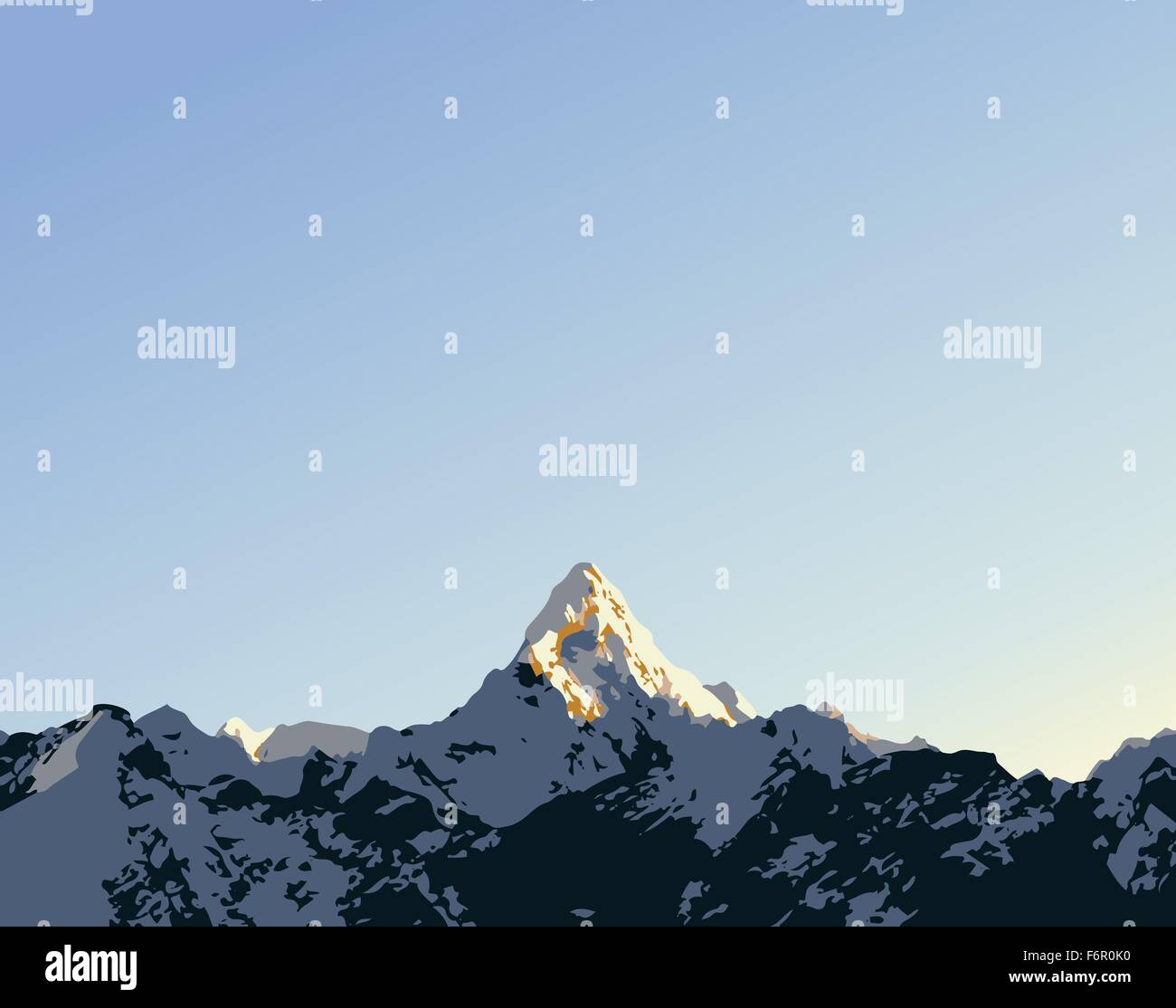 Snow capped picco di montagna Ama Dablam in Himalaya, Nepal nel vettore di stile con copia spazio nel cielo Illustrazione Vettoriale