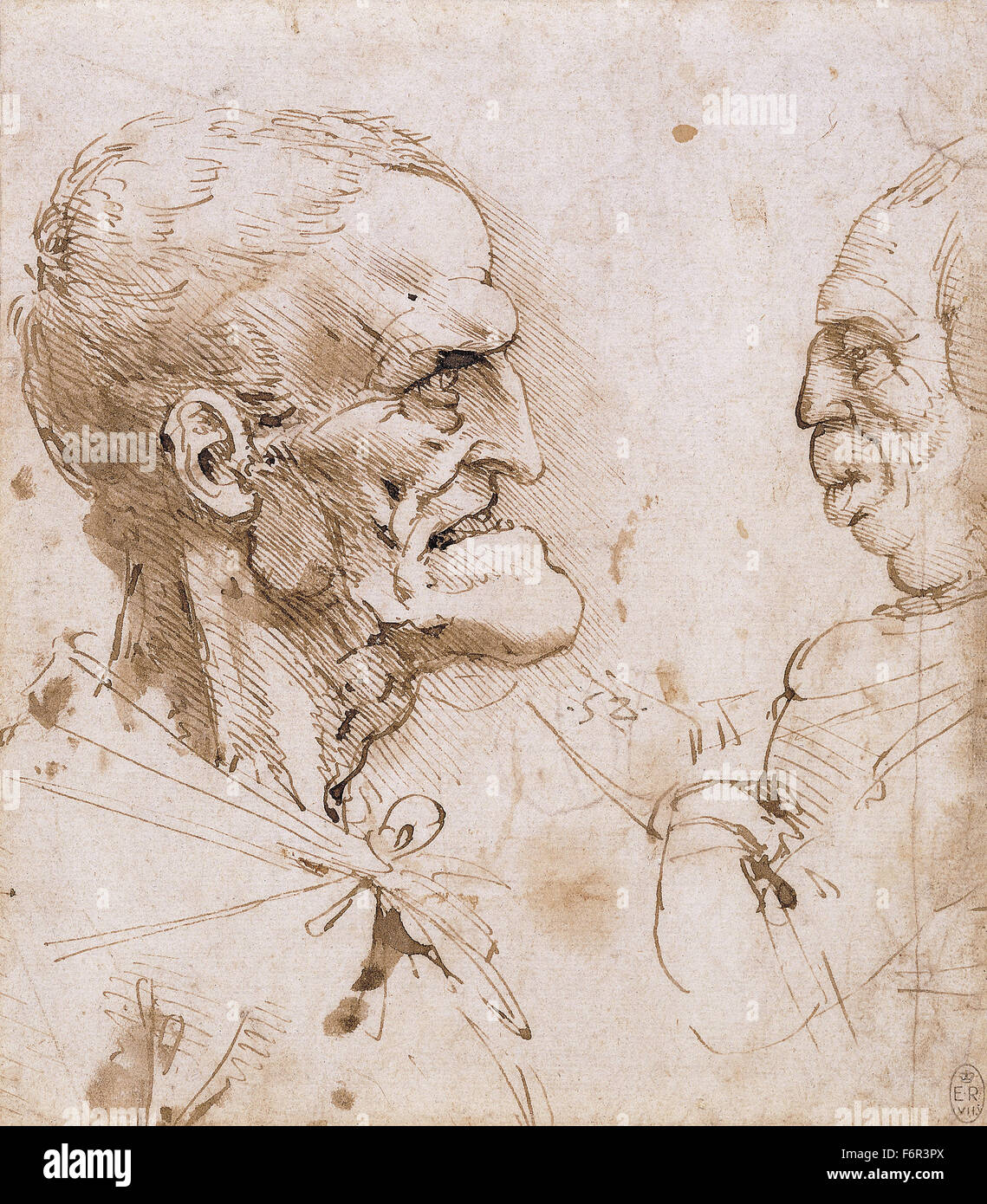 Leonardo da Vinci - due profili grottesco di fronte Foto Stock