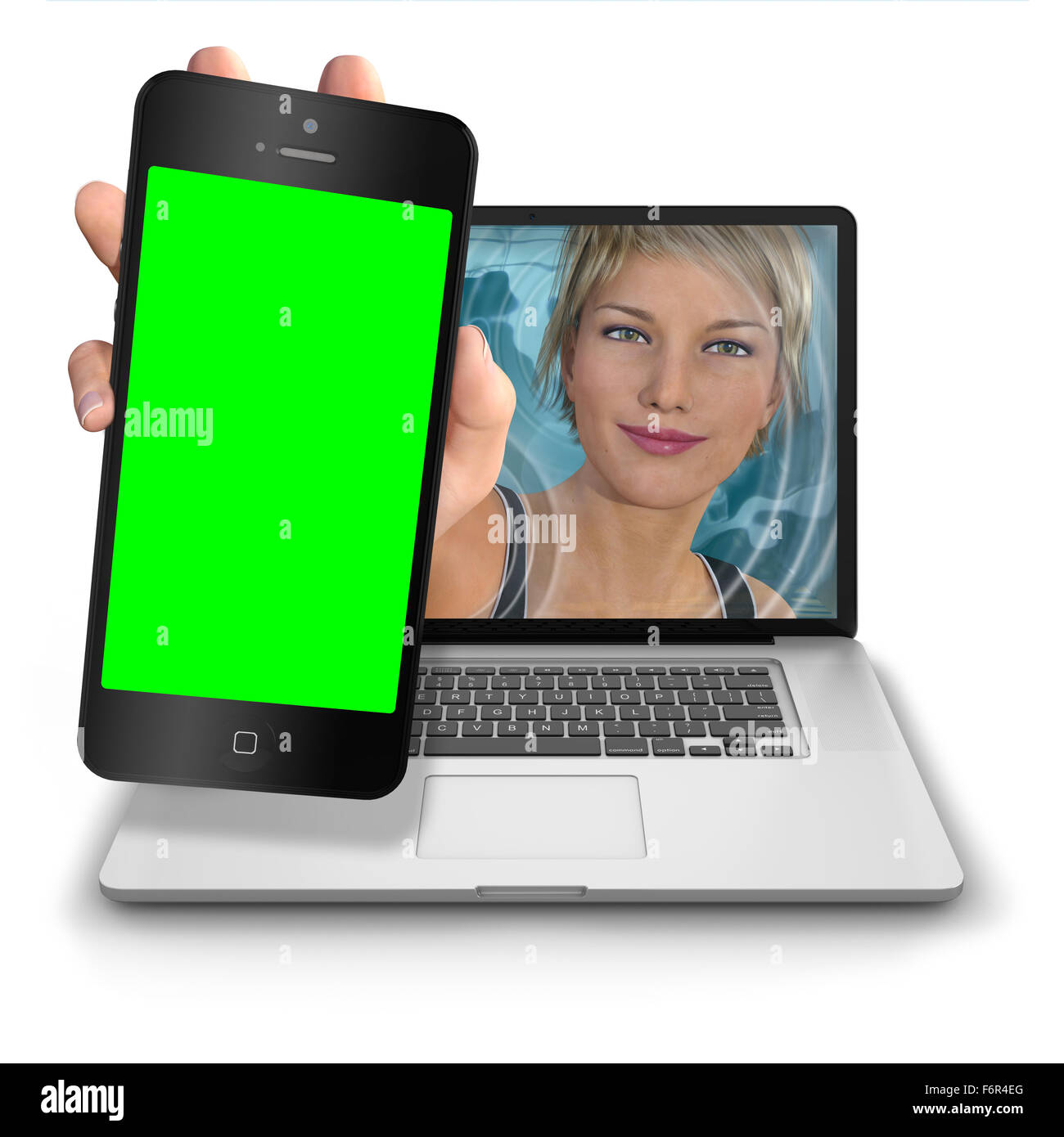 Giovane donna di portata di mano fuori dall'interno di un computer  portatile per mostrare un iphone stile telefono cellulare con schermo verde  per il calettamento di qualsiasi Foto stock - Alamy