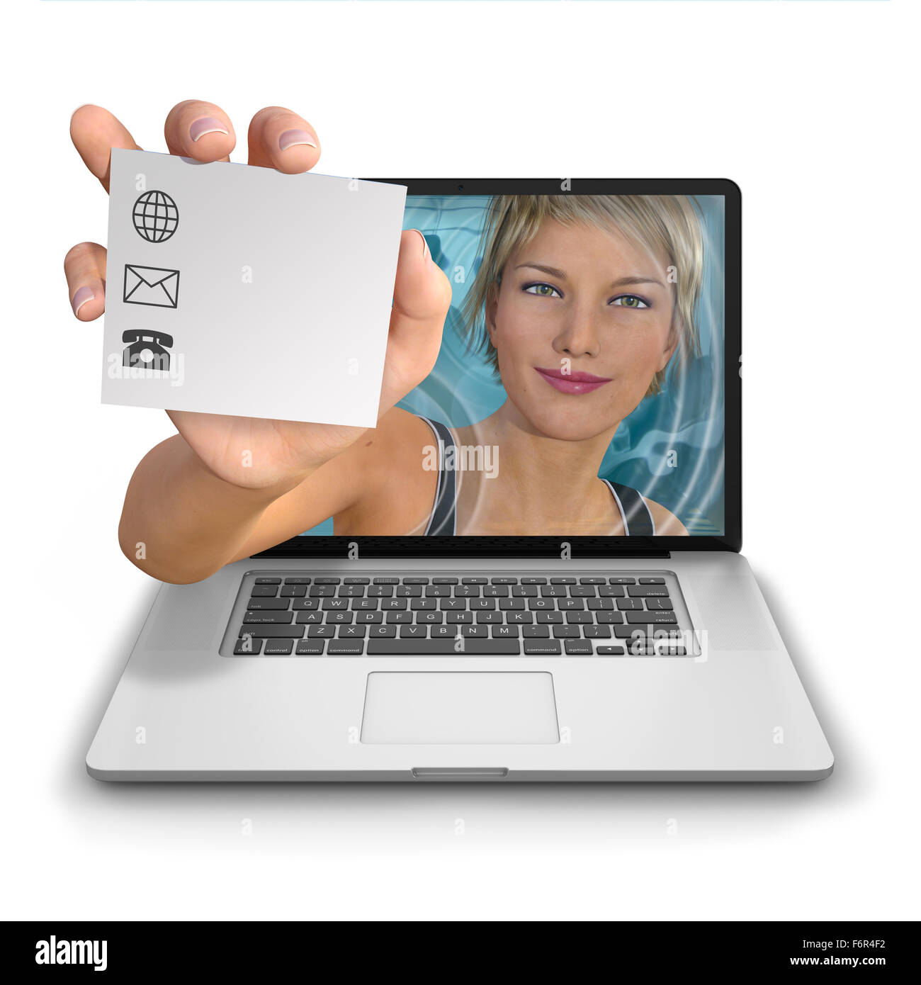 Giovane donna di portata di mano fuori dall'interno di un computer portatile in possesso di una scheda di contatto con un logo con spazio per aggiungere il contatto deta Foto Stock