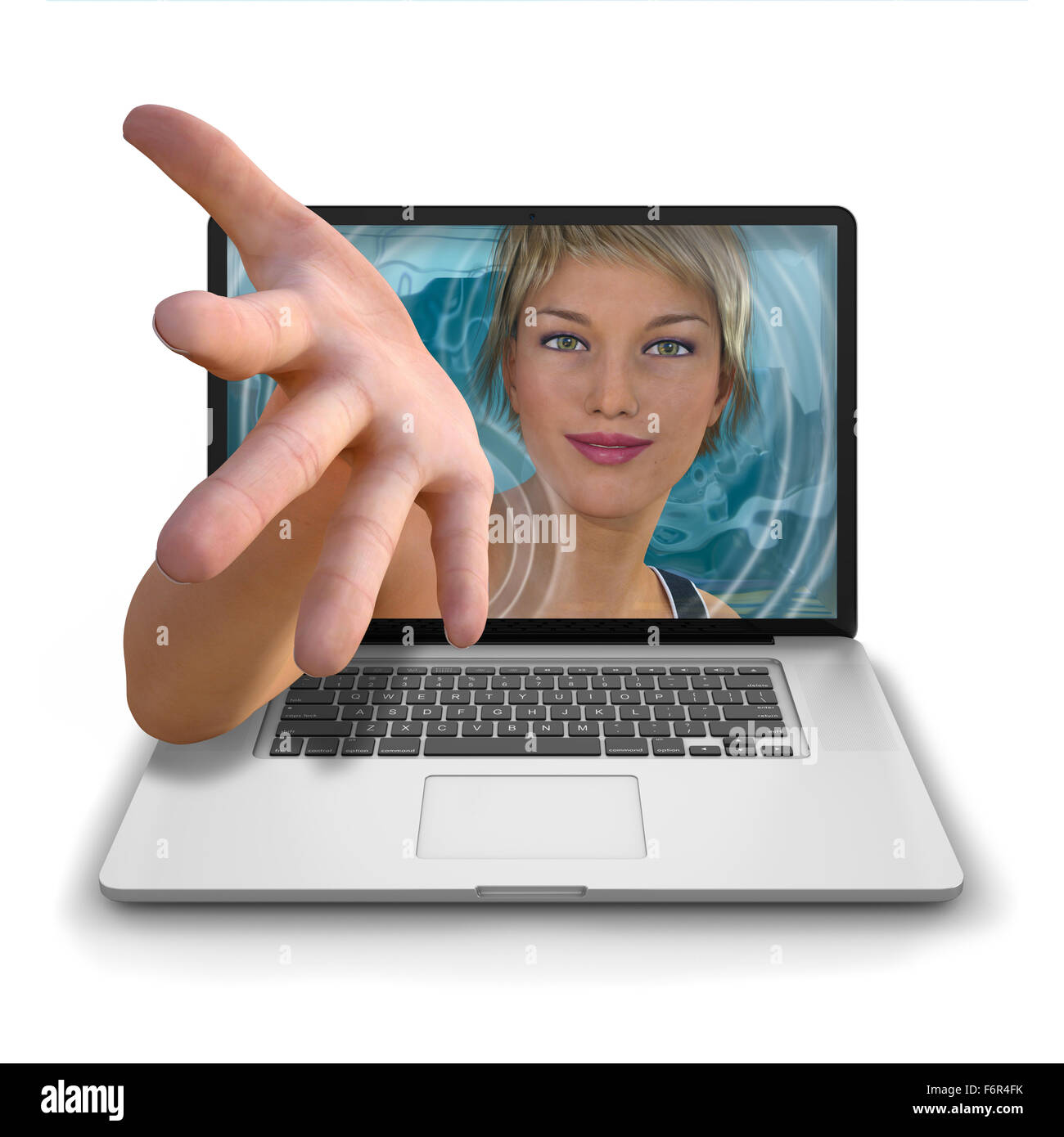 Giovane donna di portata di mano fuori dall'interno di un computer portatile con una mano outstrectched offrendo assistenza o aiuto. Photorealisti Foto Stock