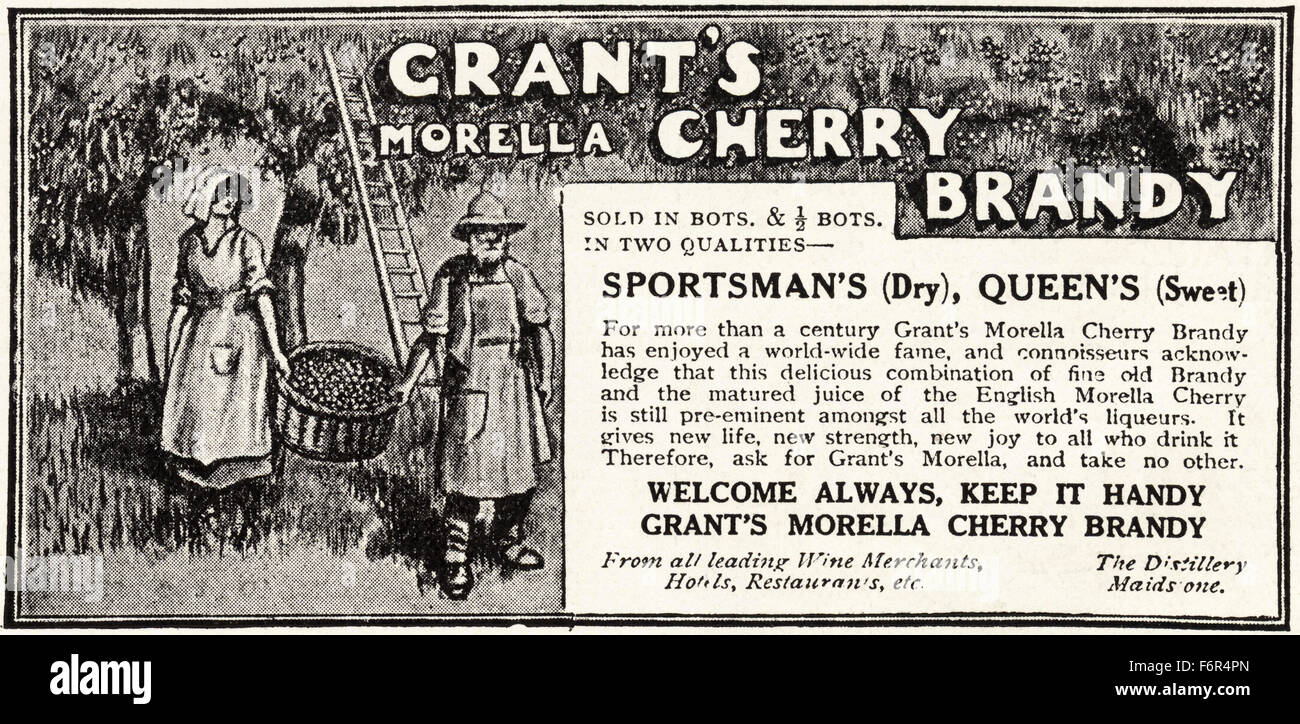 1920s annuncio. Annuncio datato 1923 pubblicità Grant's Morella Cherry Brandy. Foto Stock