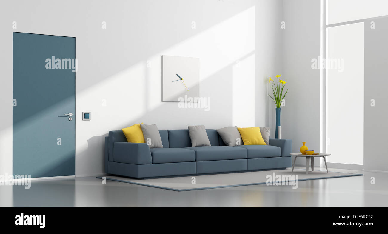 Bianco e blu moderno lounge con divano,porta e finestra - 3D Rendering Foto Stock
