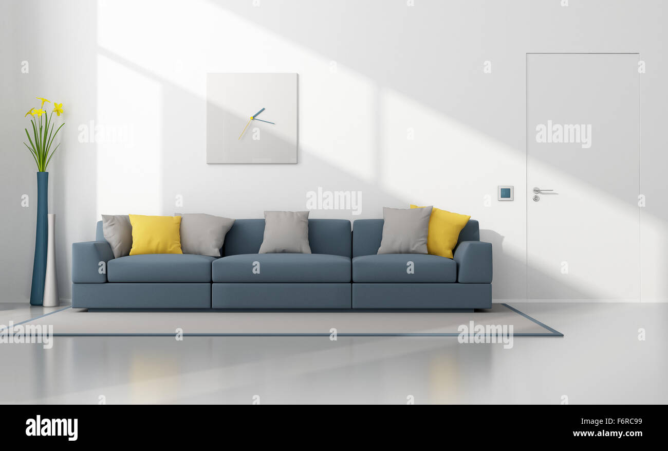 Bianco e blu moderno lounge con un divano e porta chiusa - 3D Rendering Foto Stock