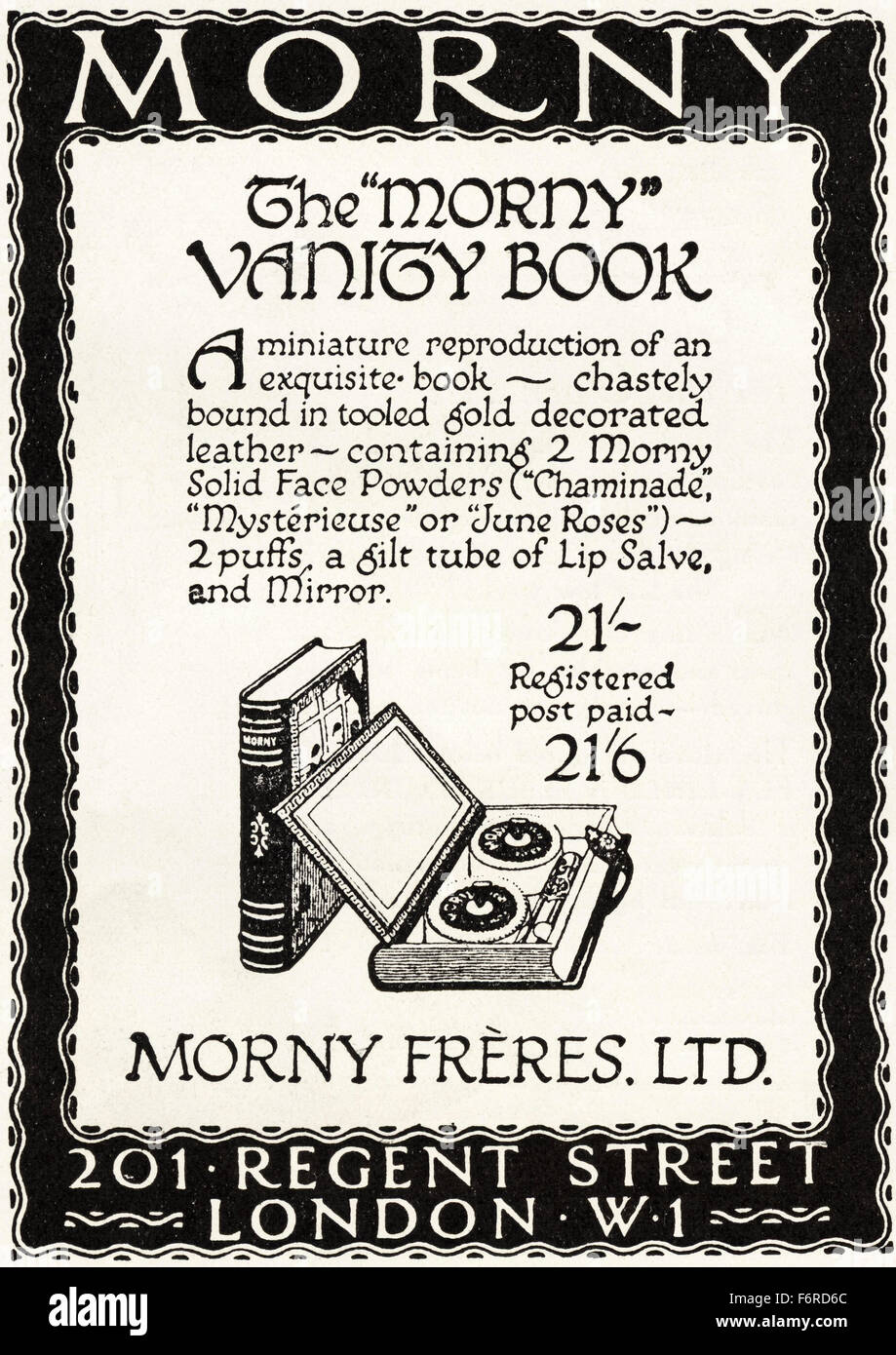 1920s annuncio. Annuncio datato 1923 pubblicità di Morny vanità libro contenente Cosmetics & trucco da Morny Freres Ltd di Londra. Foto Stock