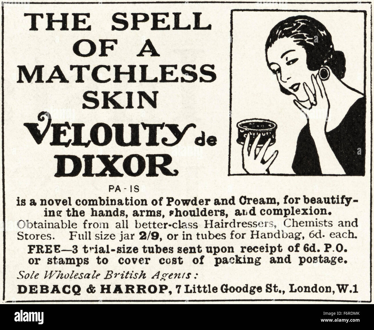 1920s annuncio. Annuncio datato 1923 pubblicità Velouty de Dixor crema per la pelle. Foto Stock