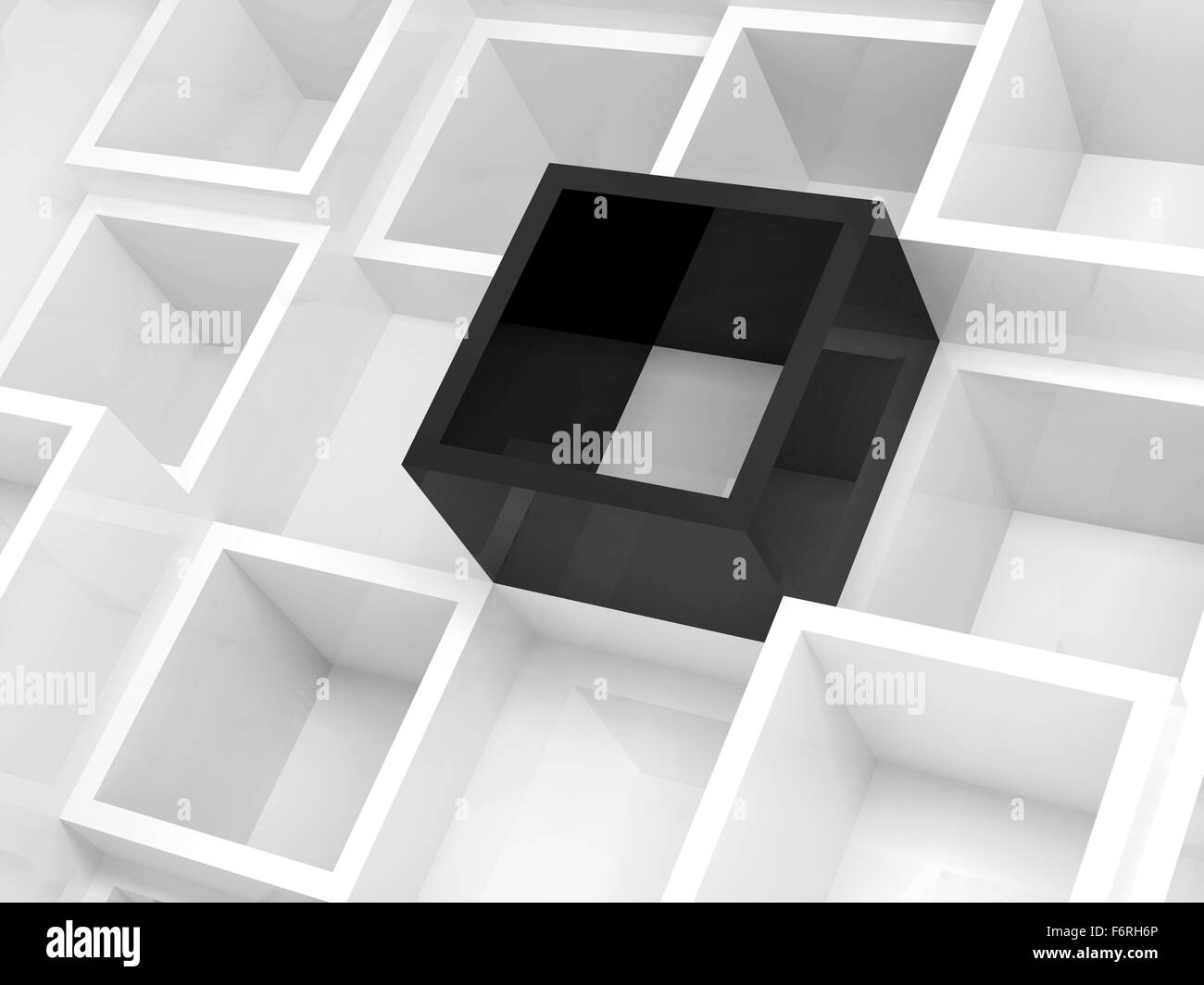 Abstract design 3D sfondo bianco, celle quadrate e un elemento nero, 3d illustrazione Foto Stock