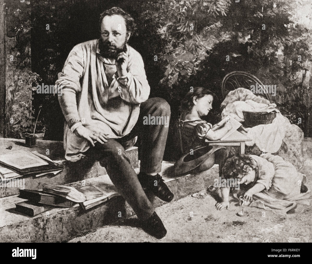 Proudhon e la sua famiglia dopo una fotografia da Adolphe Giraudon,(1849-1929). Pierre-Joseph Proudhon, 1809 - 1865. Uomo politico francese e il fondatore della filosofia mutualistica. Foto Stock