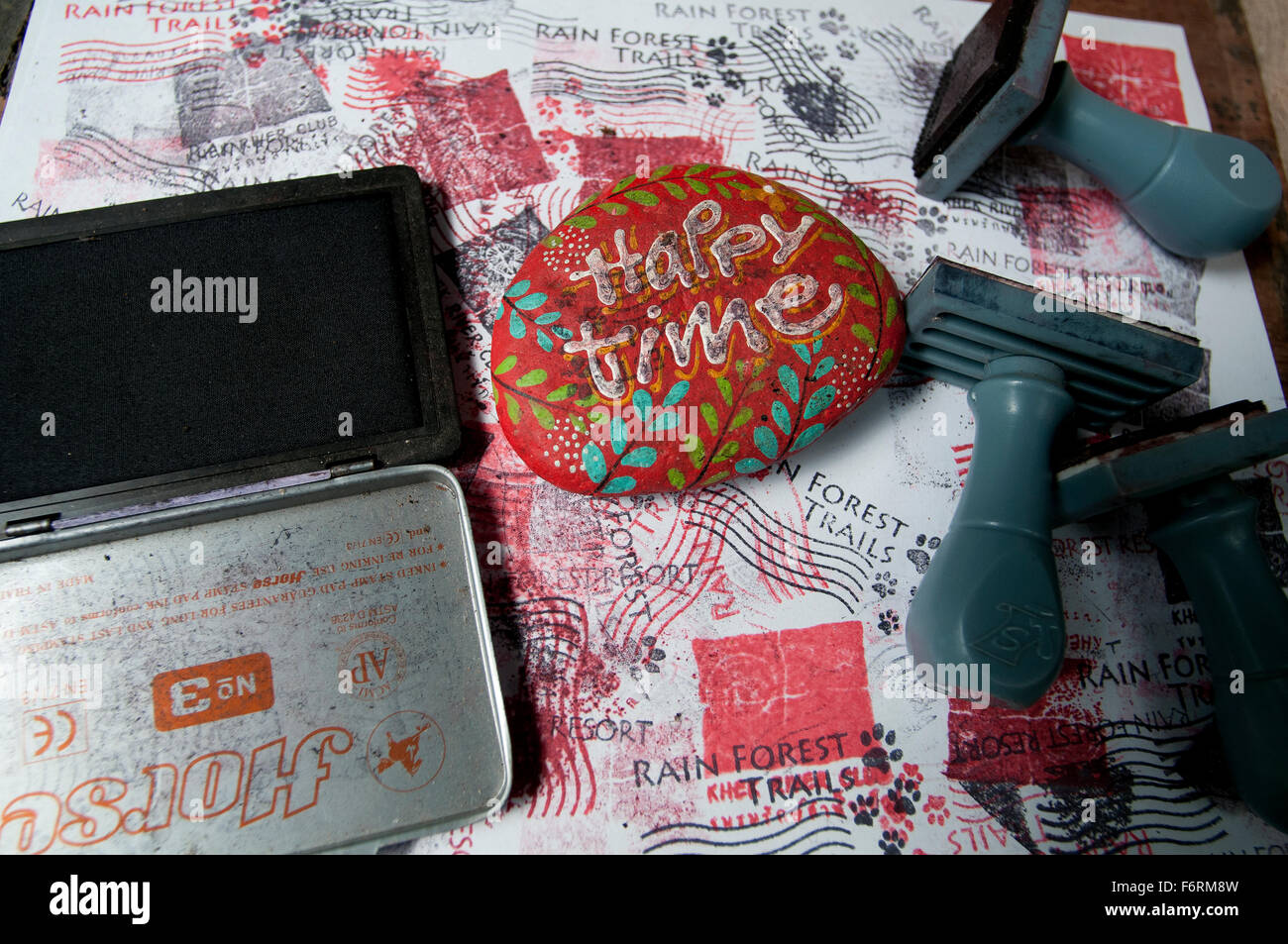 Tampone di inchiostro e timbro, happy time Foto Stock