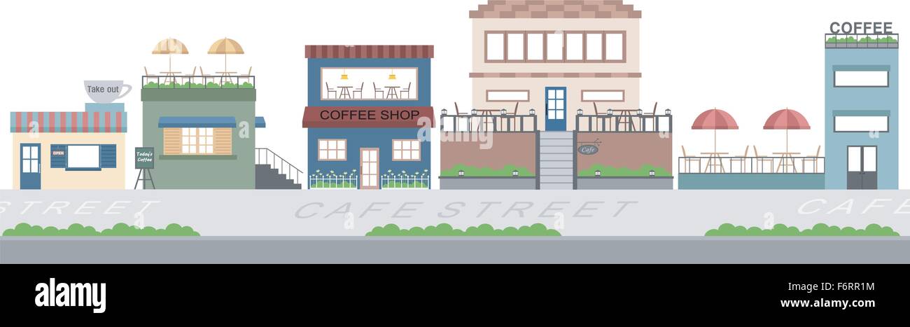 Coffee shop street sfondo piatto Illustrazione Vettoriale