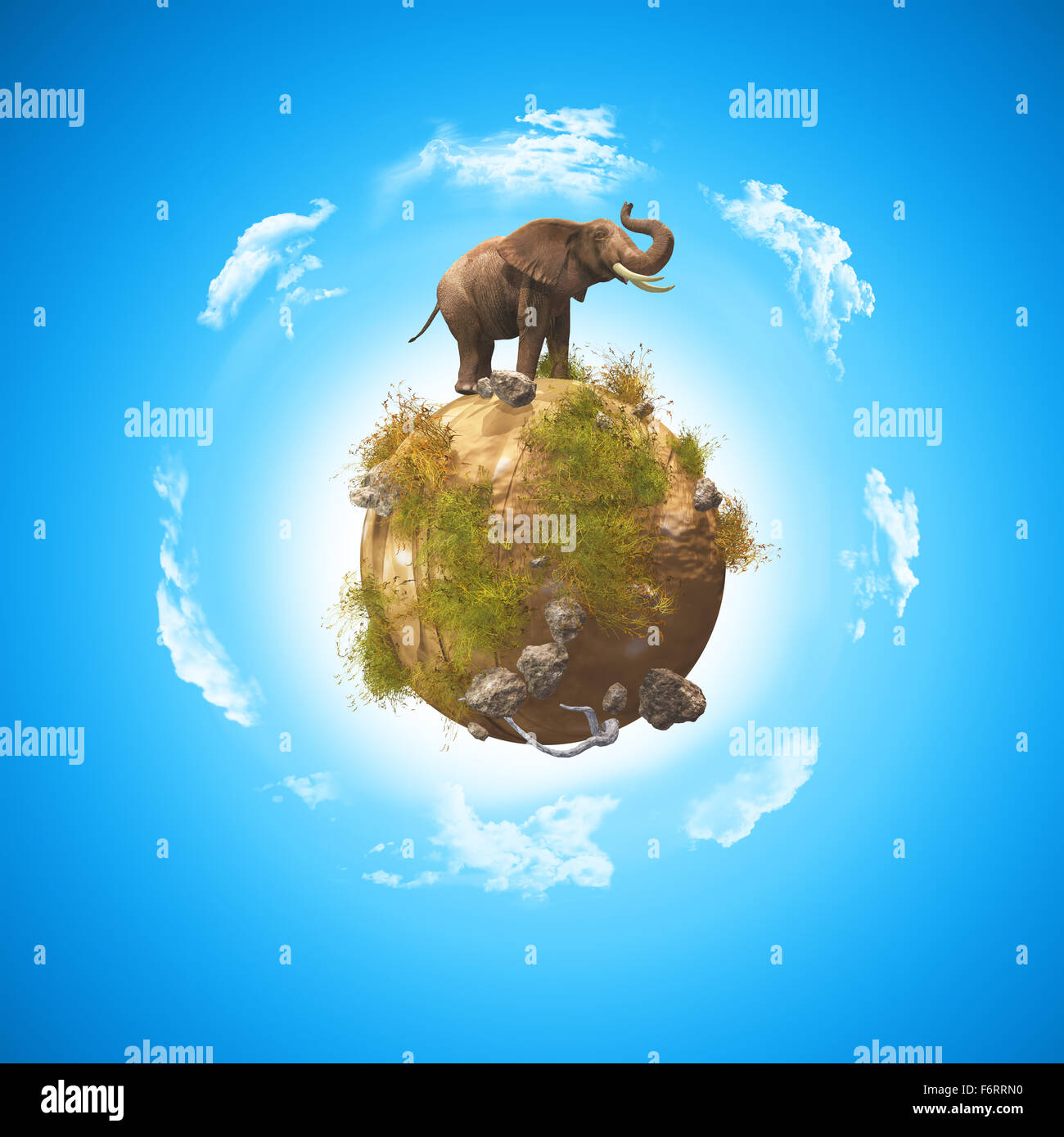 3D render di una immagine concettuale con un elefante su un globo con rocce ed erba Foto Stock