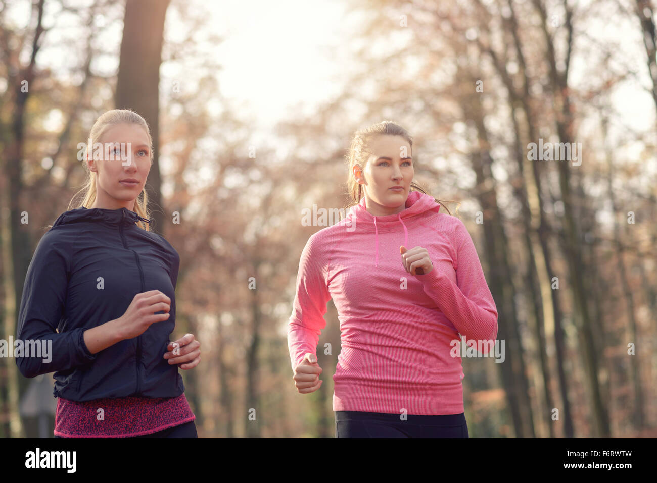 Due attraenti montare le giovani signore jogging insieme attraverso una foresta di autunno in chat come essi corrono attraverso gli alberi, in un healt Foto Stock
