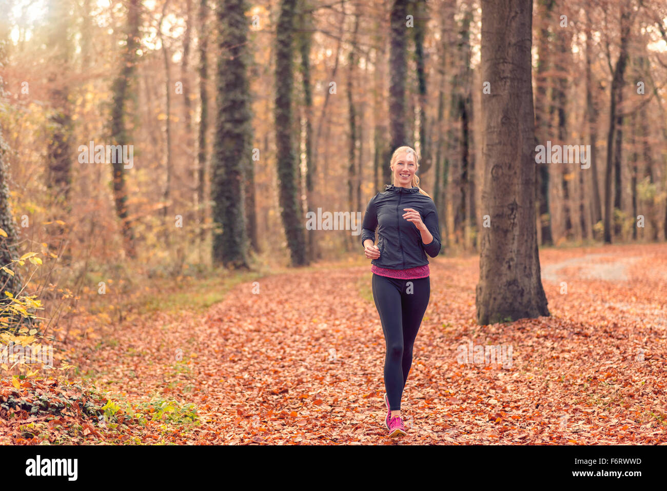 Piuttosto montare giovane donna jogging attraverso autunno o cadere woodland avvicinando la fotocamera, vicino la parte superiore del corpo ritratto in un sano Foto Stock
