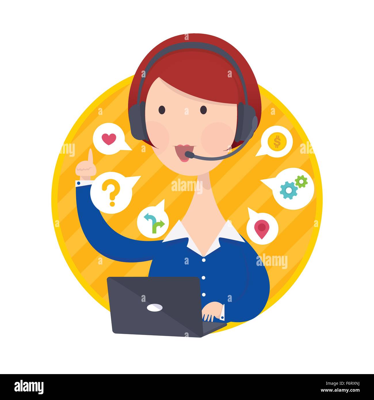 Illustrazione di vettore di Supporto Clienti Help Desk donna in maglietta blu operatore concetto di servizio Illustrazione Vettoriale
