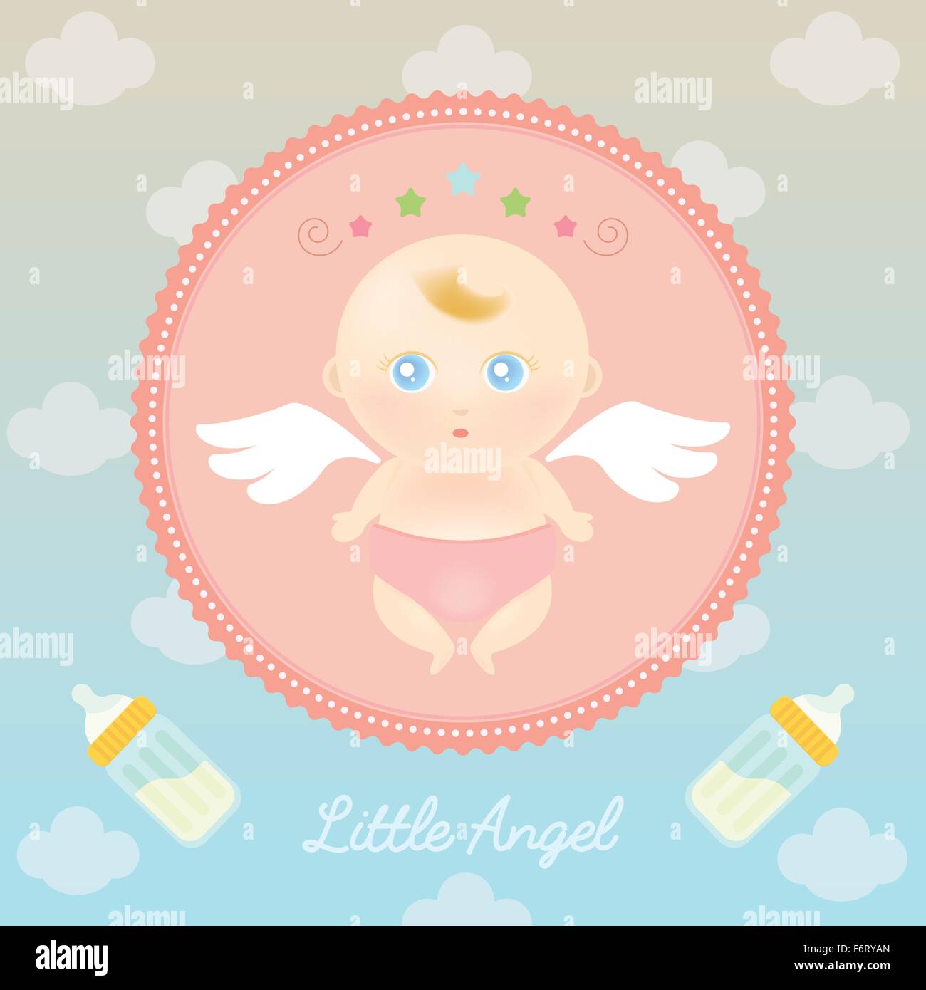 Illustrazione Vettoriale di carino angel baby con bottiglia di latte nel cielo. Illustrazione Vettoriale