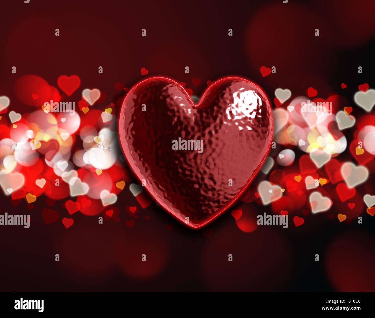 Il giorno di San Valentino lo sfondo con un 3D cuore su un rosso e oro bokeh design di luci Foto Stock
