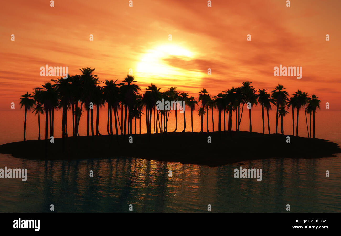 3D render di un palm tree island al tramonto Foto Stock