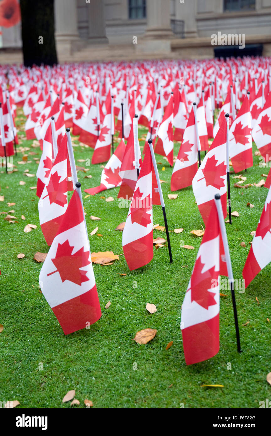 Display di piccole bandiere canadesi per il Giorno del Ricordo 2015 fuori Manulife Insurance la costruzione di Toronto, Ontario, Canada Foto Stock
