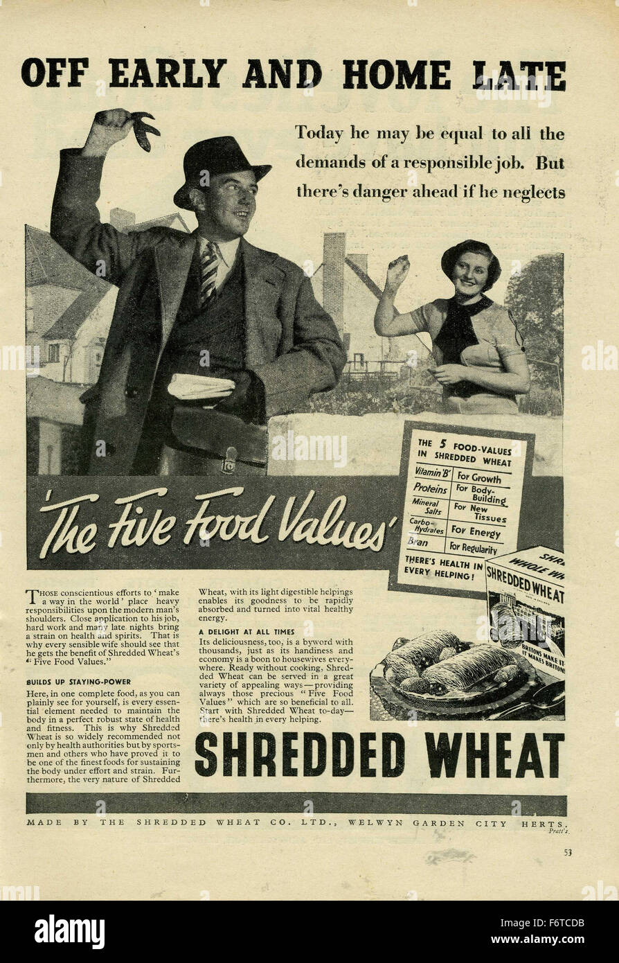 Vintage grano trinciato 1938 Annuncio presto fuori e a casa tardi Foto Stock