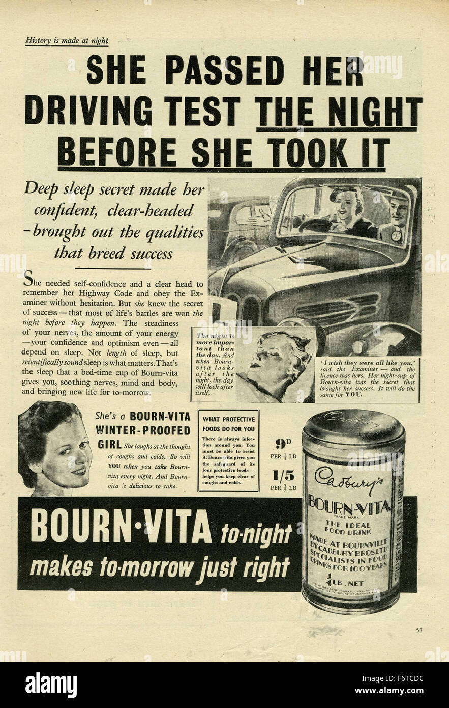 Bournvita 1938 Advert ha passato il suo esame di guida la notte prima che lei lo prese Foto Stock