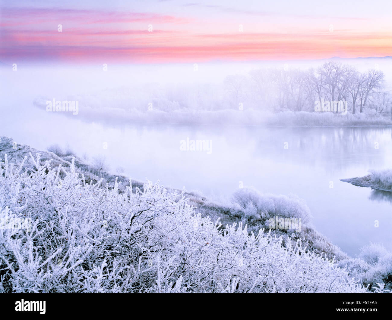 nebbia gelida che sorge all'alba dal fiume missouri vicino a cascade, montana Foto Stock