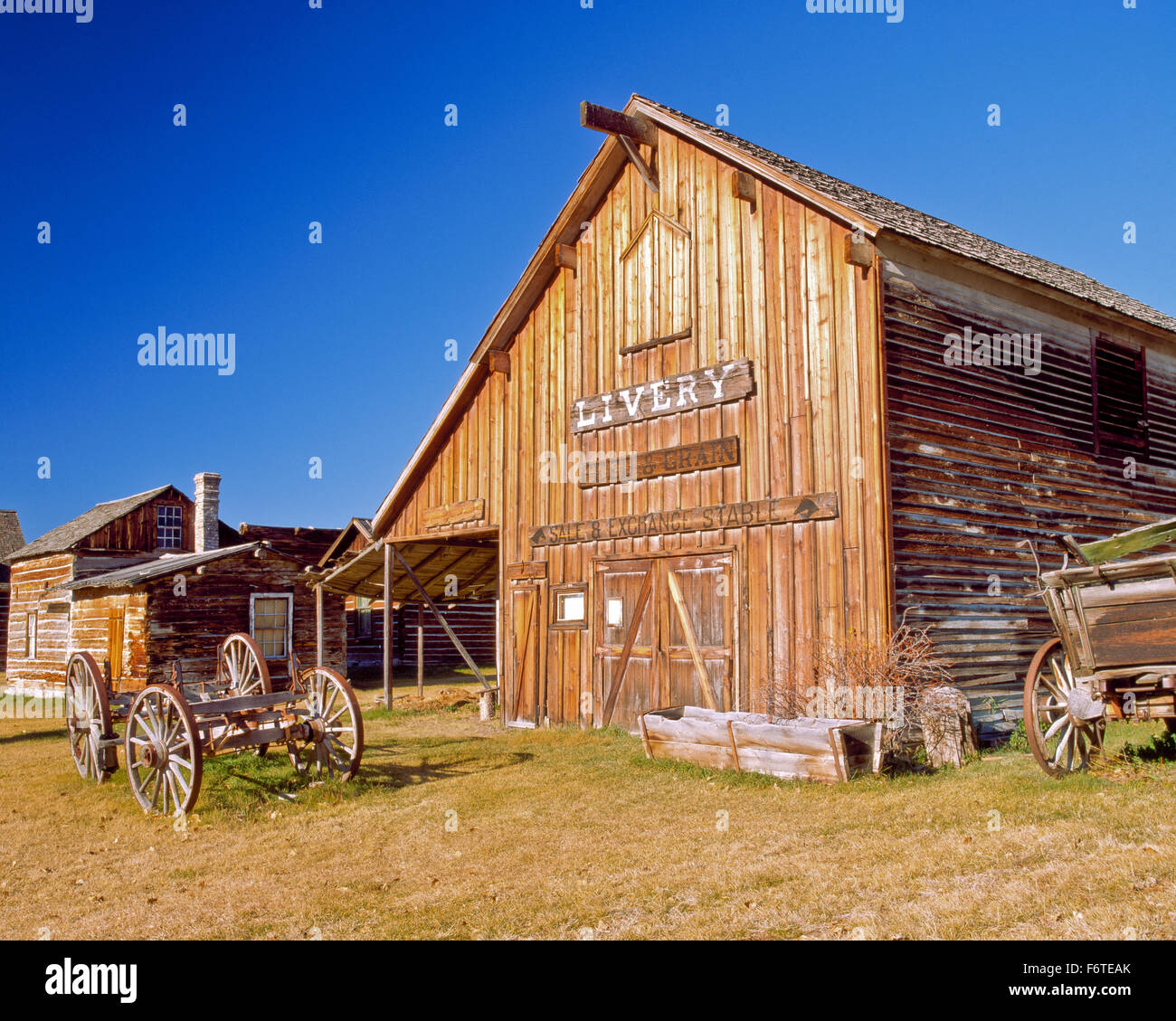 Livrea stabile a Nevada City città fantasma, montana Foto Stock