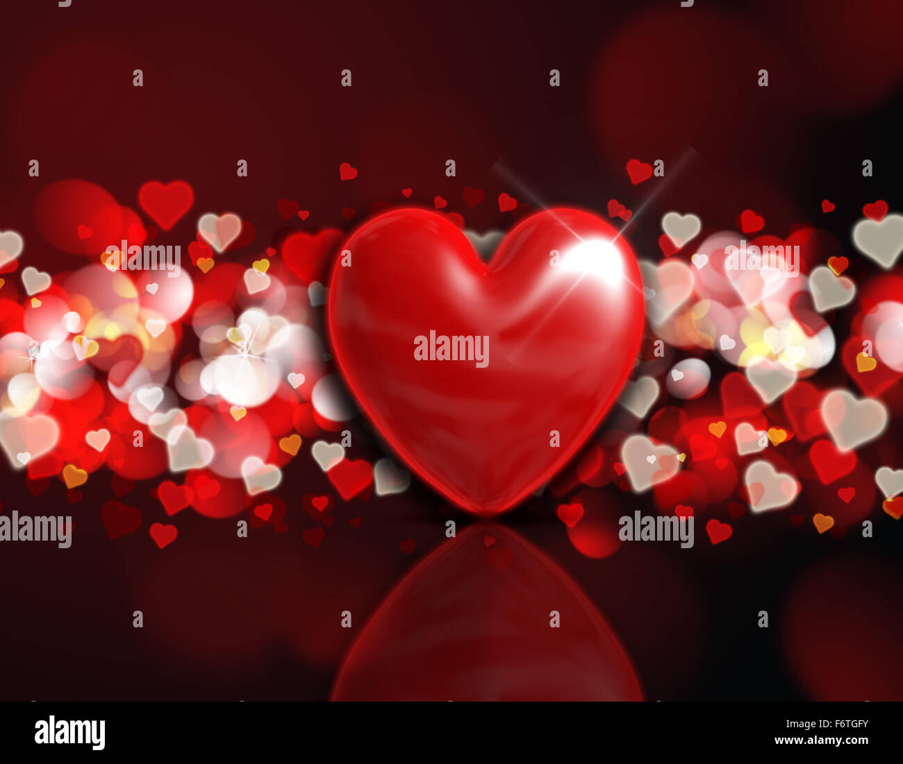 Il giorno di San Valentino lo sfondo con un 3D cuore su un rosso e oro bokeh design di luci Foto Stock