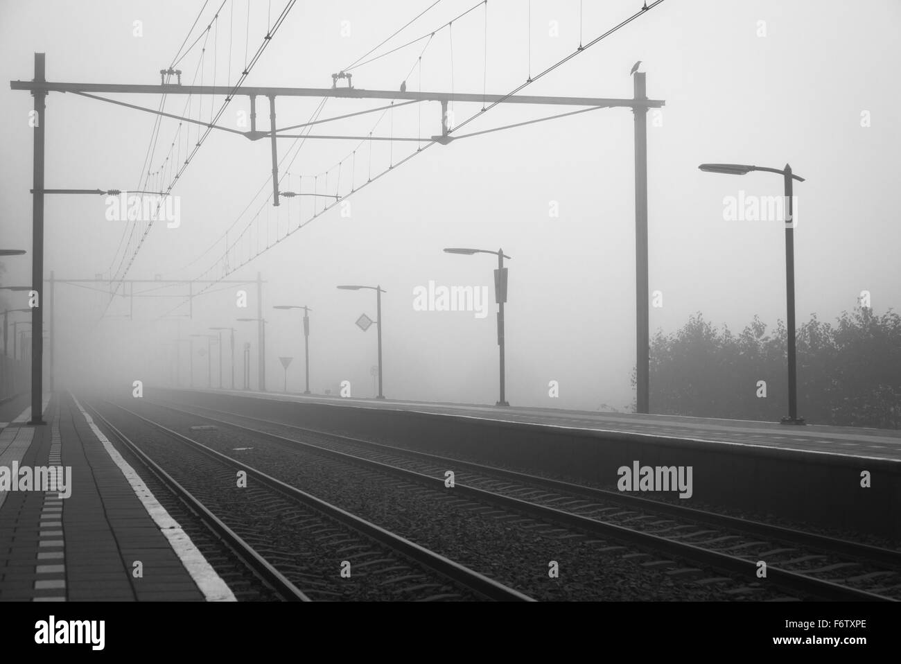 Piattaforma vuota in corrispondenza di una stazione ferroviaria in un giorno di nebbia in autunno. Foto Stock