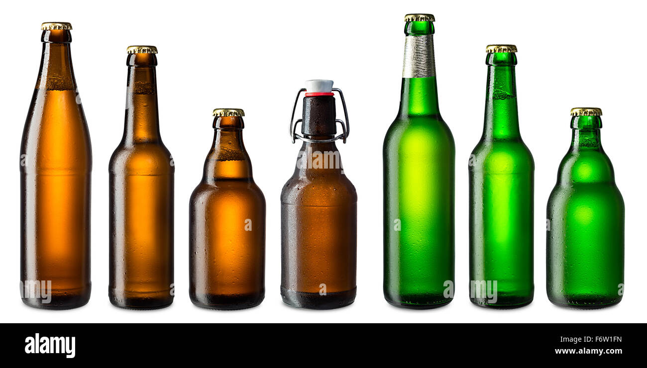 Set di cold marrone e verde bottiglie di birra Foto Stock