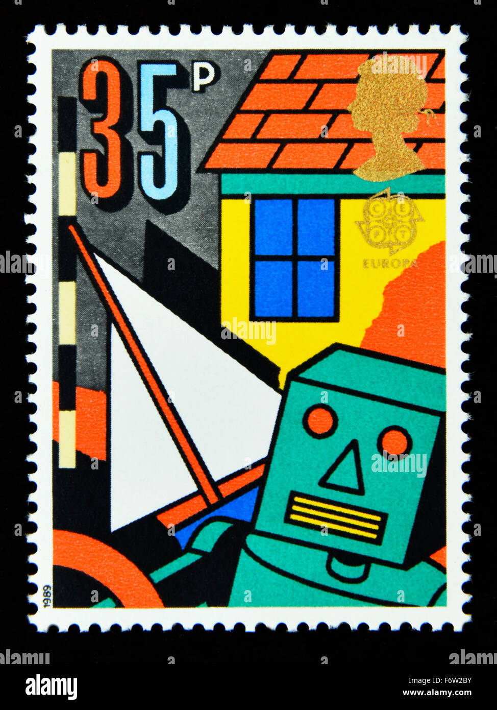 Francobollo. La Gran Bretagna. La regina Elisabetta II. 1989. Europa. Giochi e giocattoli. Robot giocattolo, barca e i Doll's House. 37p. Foto Stock