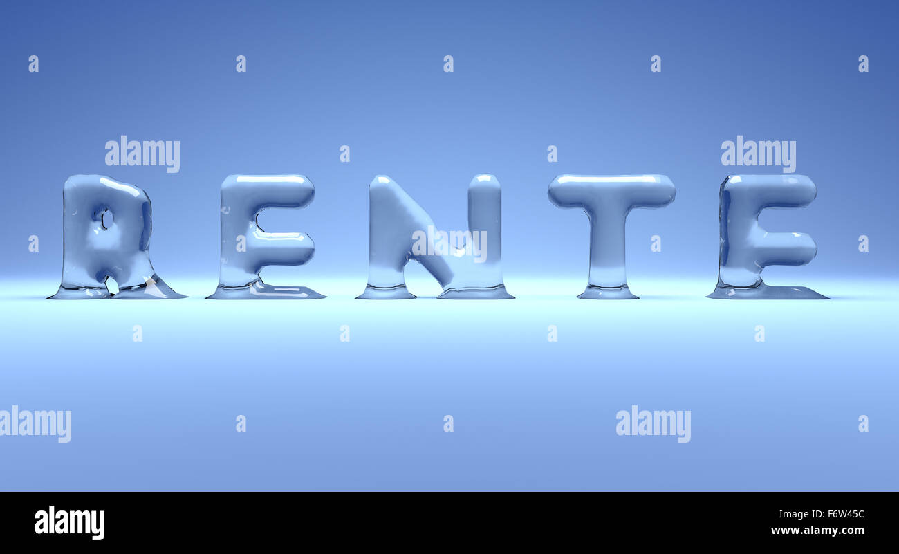 Buchstaben aus Eis bilden das Wort Rente, Tedesco icy pension parola su uno sfondo blu, 3d concept Foto Stock