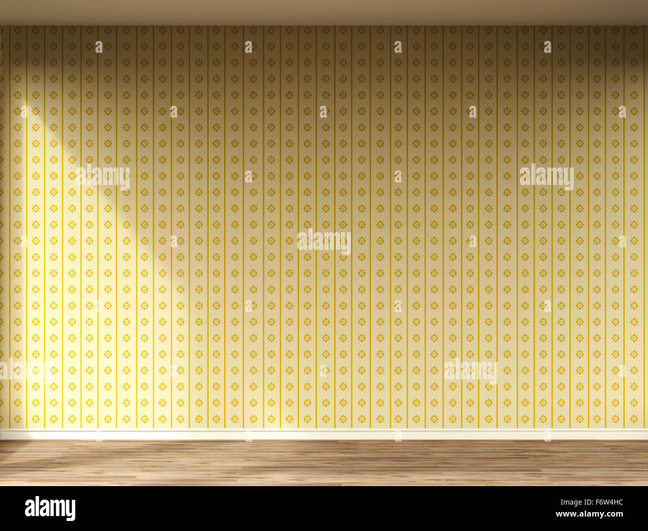 Il rendering 3D della parete interna con la vecchia carta da parati e pavimento in legno Foto Stock