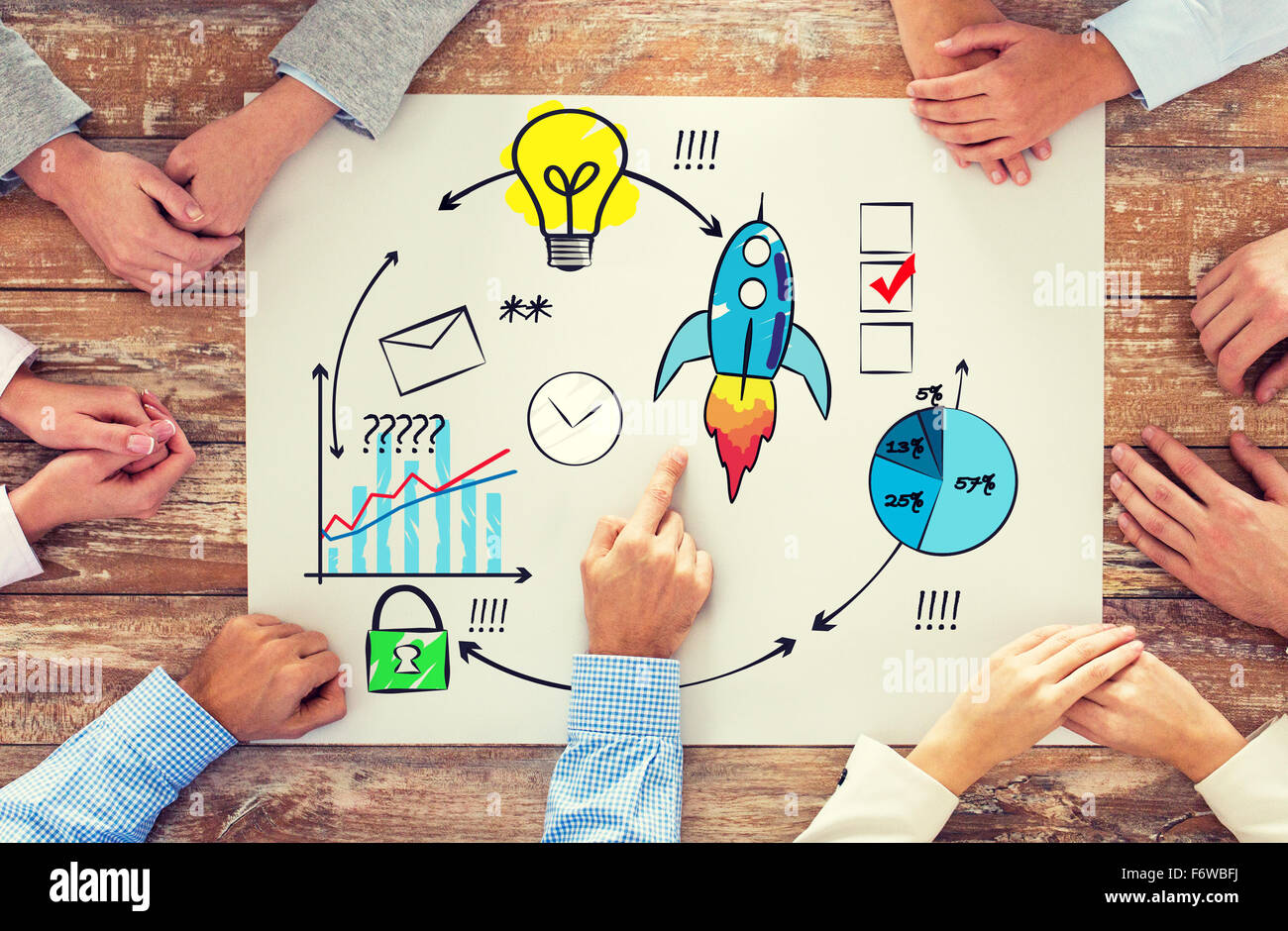 Close up di mani e carta con scarabocchi su tavola Foto Stock