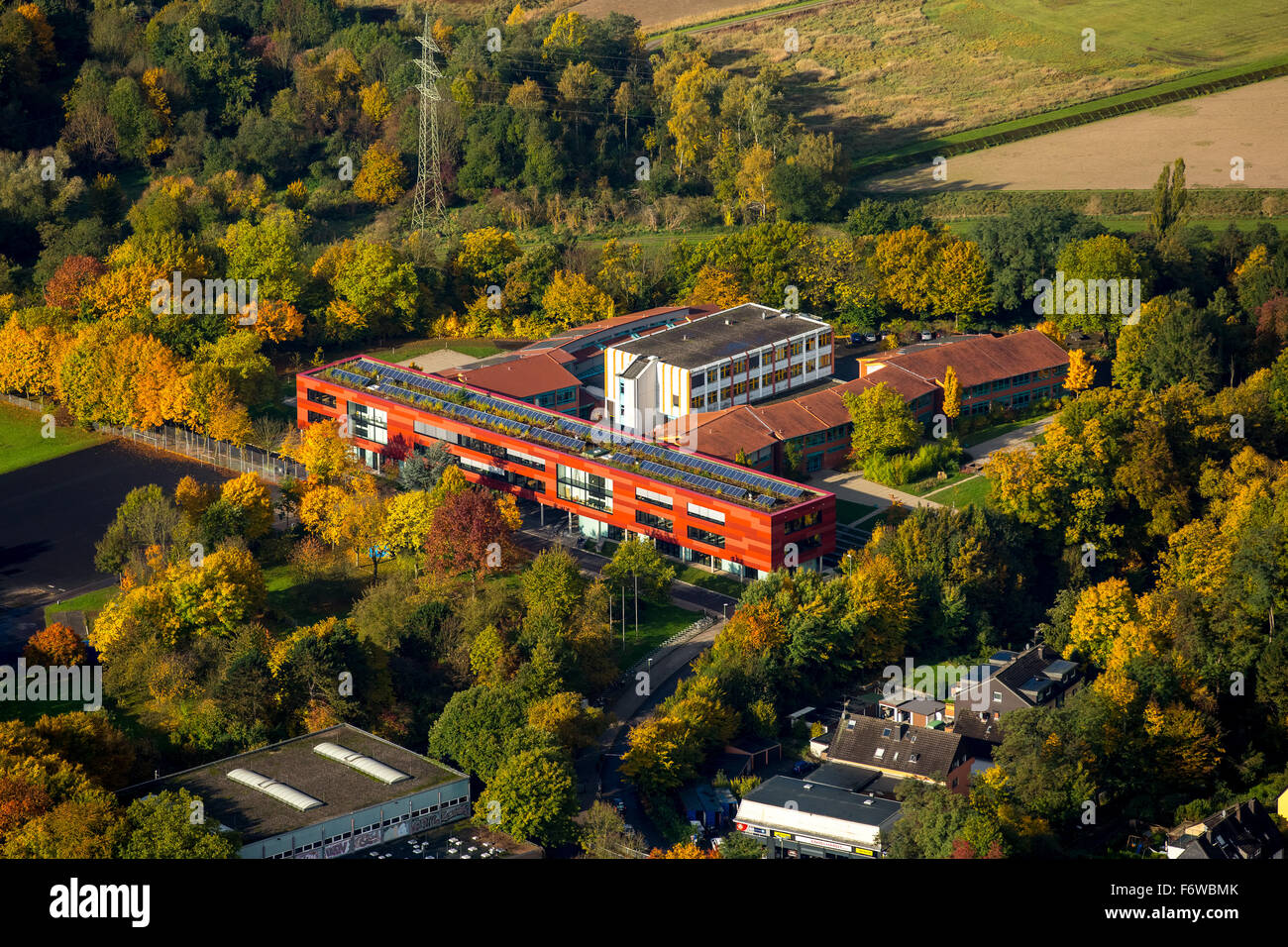 Palestra Essen-Überruhr, scuola, l'istruzione secondaria, Essen, la zona della Ruhr, Renania settentrionale-Vestfalia, Germania, Europa, vista aerea, Foto Stock