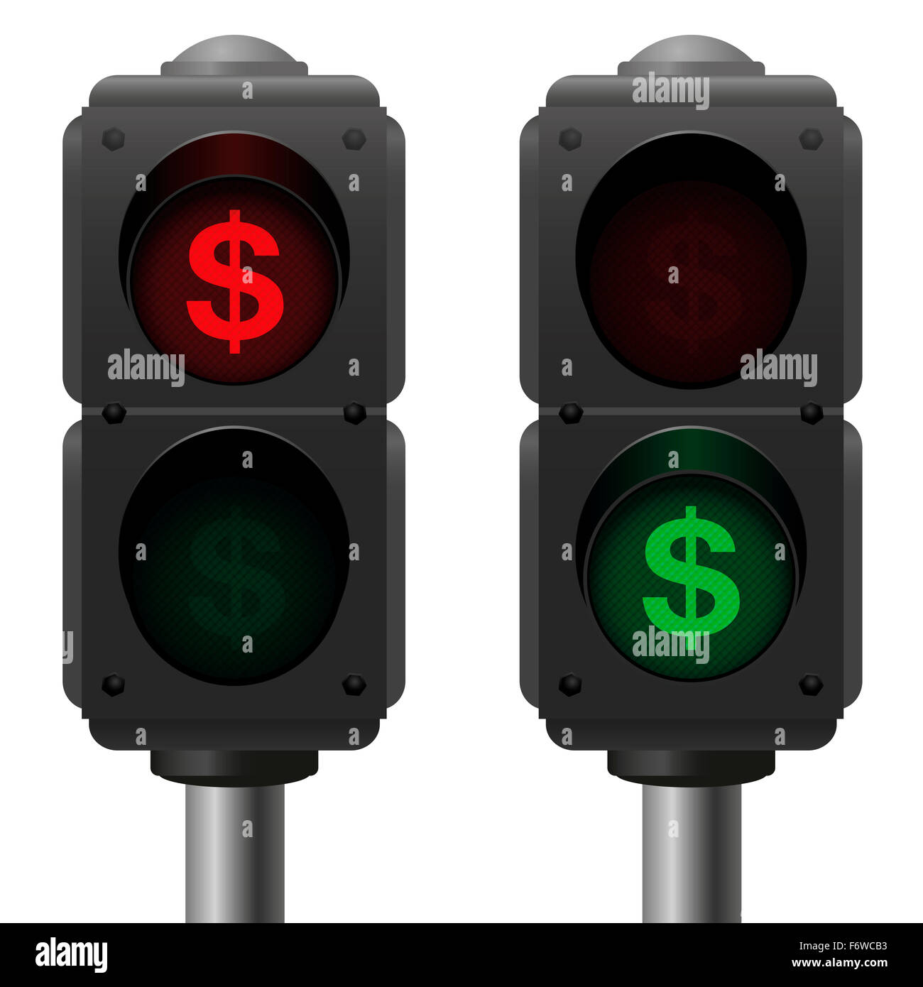 Segni di dollaro come semafori, come un simbolo per il conto profitti e perdite o altri problemi aziendali. Foto Stock