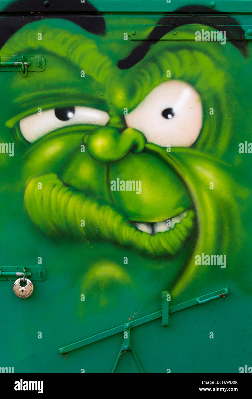 Regno Unito, Inghilterra, nello Yorkshire, Hull, Mercato della Frutta, Humber Street, faccia verde graffiti sullo sportello posteriore della casa di fumo Foto Stock