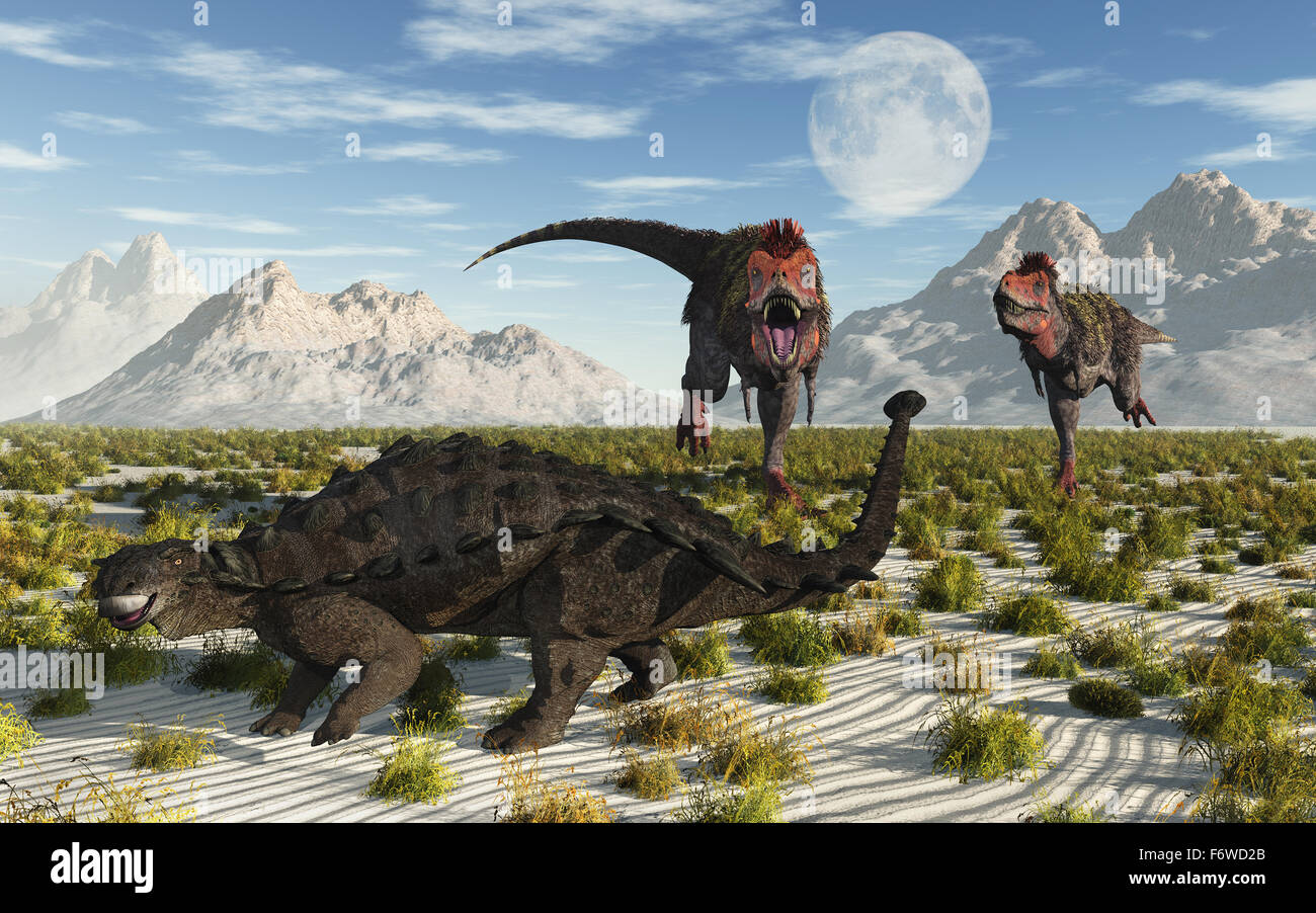 Una coppia di Tarbosaurus corrono verso un Pinacosaurus Foto Stock