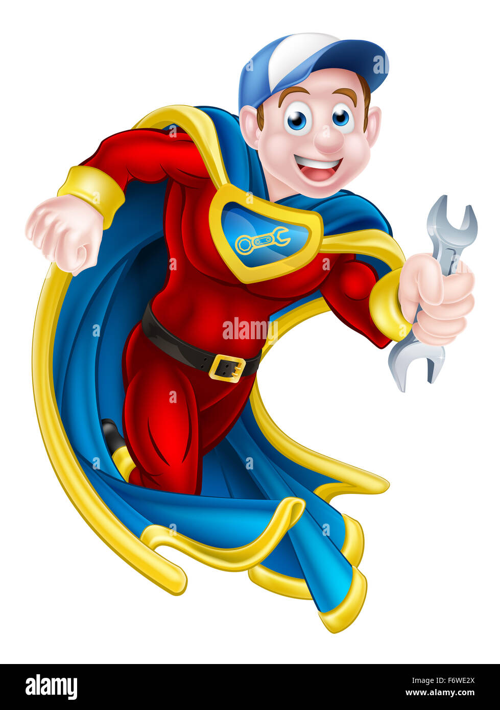 Cartoon meccanico o idraulico supereroe uomo con una chiave Foto Stock