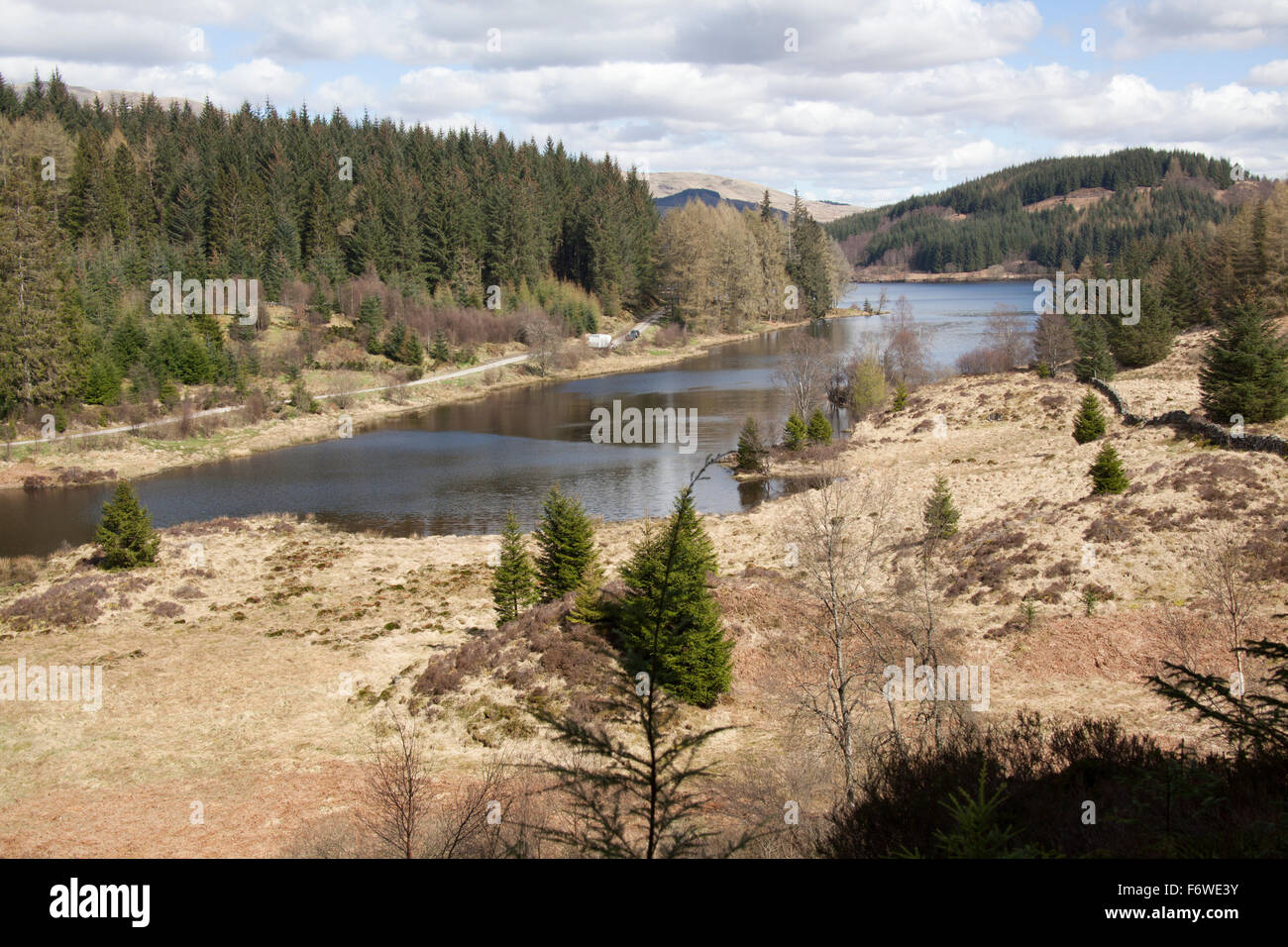 Trossachs, Scozia. Vista pittoresca del Loch Drunkie situato sul Forest Drive della Queen Elizabeth Forest Park. Foto Stock
