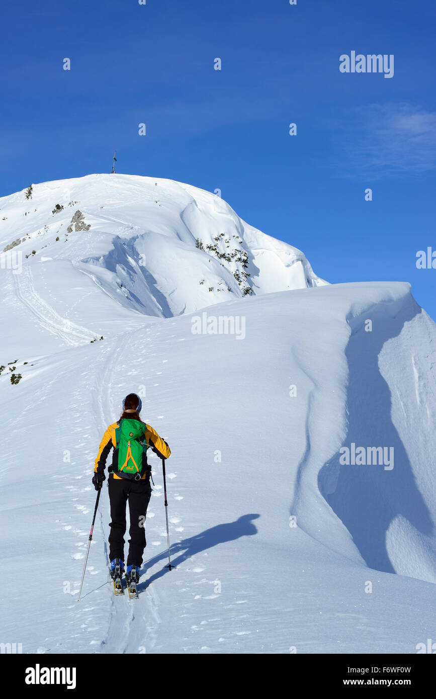 Backcountry femmina sciatore ascendente sulla cresta a Grosser Traithen, Wendelstein in background, gamma Mangfall, Alpi Bavaresi, superiore Foto Stock