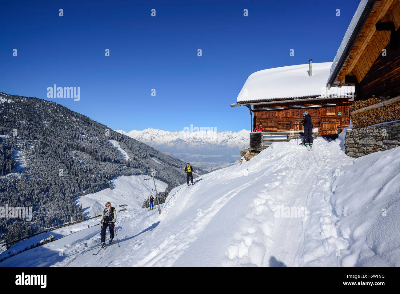 Gruppo di backcountry rider ascendente di Hoher Kopf, Alpi di Tux, Tirolo, Austria Foto Stock