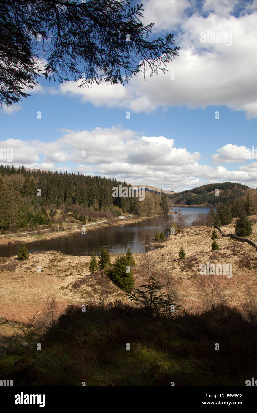 Trossachs, Scozia. Vista pittoresca del Loch Drunkie situato sul Forest Drive della Queen Elizabeth Forest Park. Foto Stock