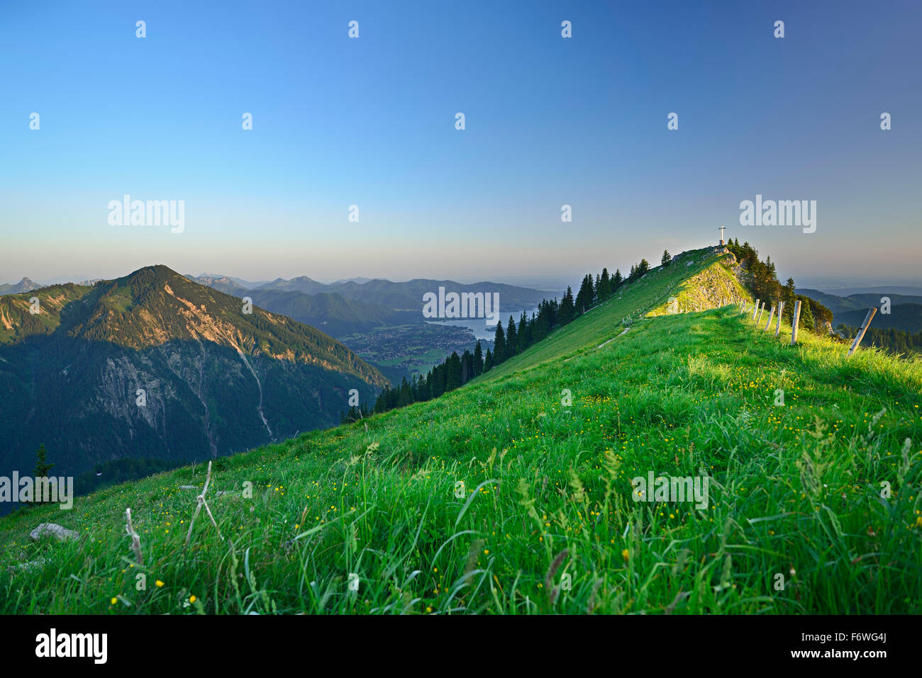 Prato al vertice di Bodenschneid, lago Tegernsee in background, Bodenschneid, Spitzing, Alpi Bavaresi, Alta Baviera, Ba Foto Stock