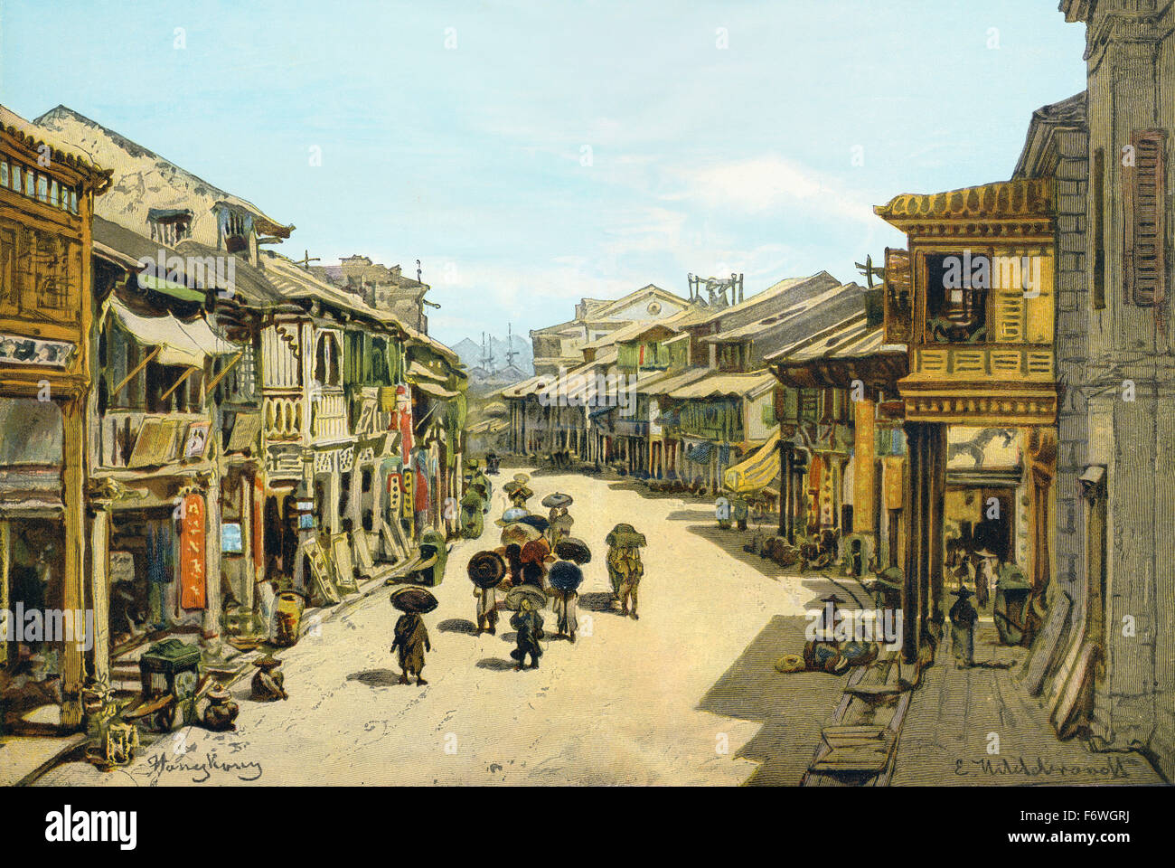 Scena di strada di Hong Kong, Strada della Regina, 1865, Foto Stock