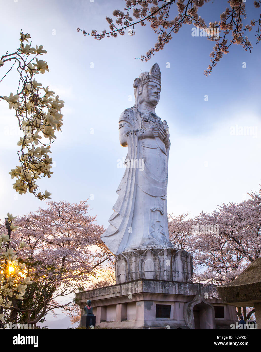 Guanyin con Sakura, buddismo cinese, la Dea della Compassione a Funaoka Park - Shibata Giappone Foto Stock