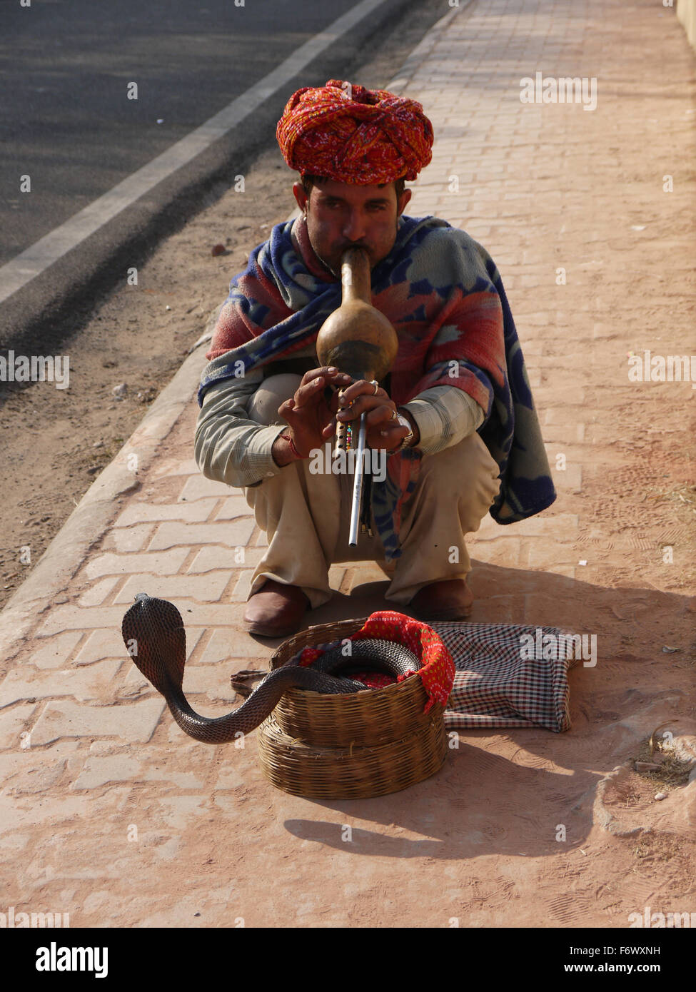 Il serpente incantatore accucciato giù sulle sue ginocchia a giocare il suo musical di tubazioni a un serpente ondeggianti nel cestello. Streetlife Jaipur Foto Stock