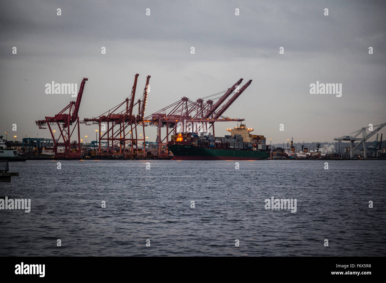 Porto di Seattle. Cargo cranes in attesa di carico dei contenitori a bordo delle navi che viaggiano a tutti i porti del mondo. Foto Stock