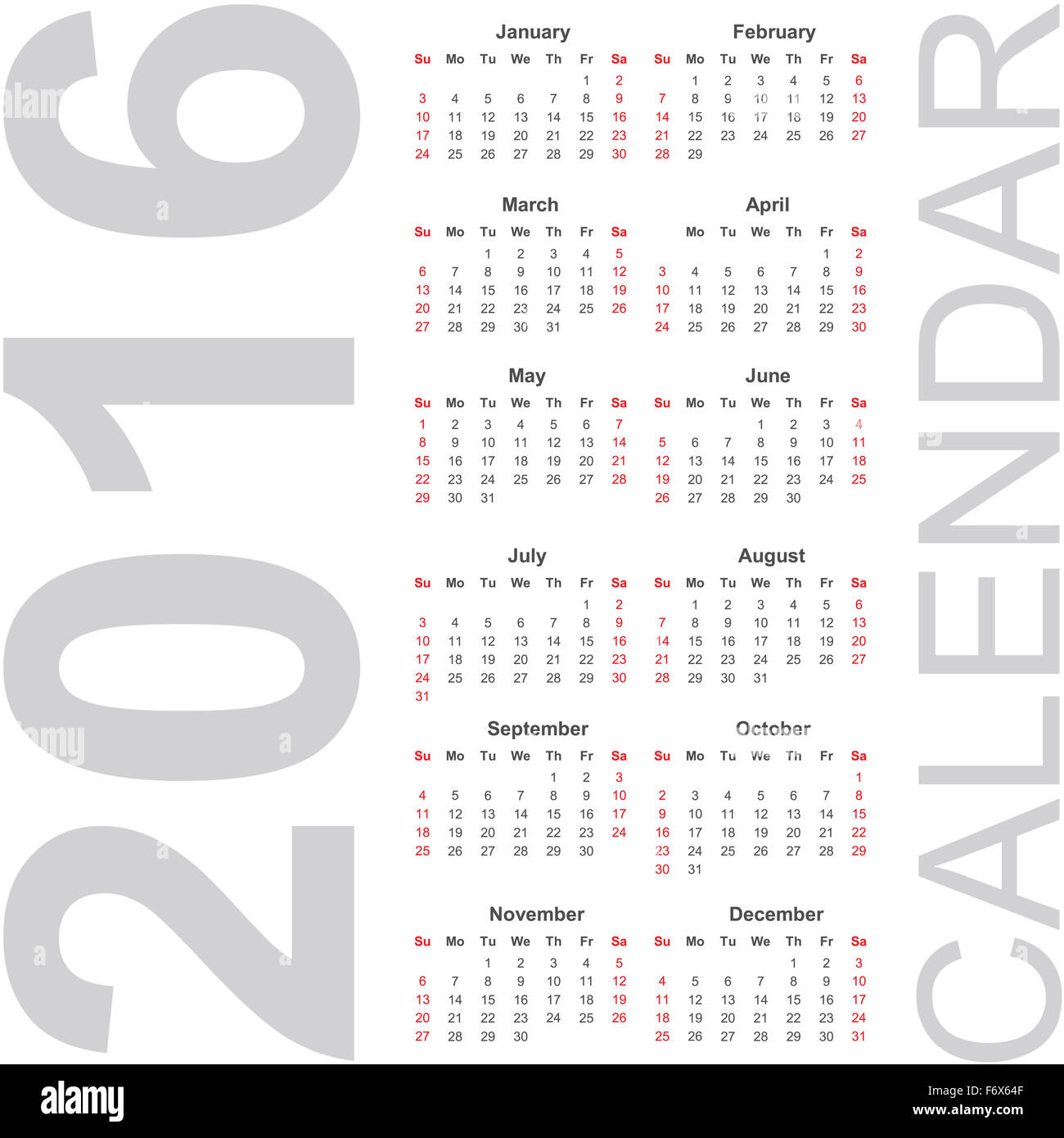 Semplice Calendario per il 2016 Foto Stock