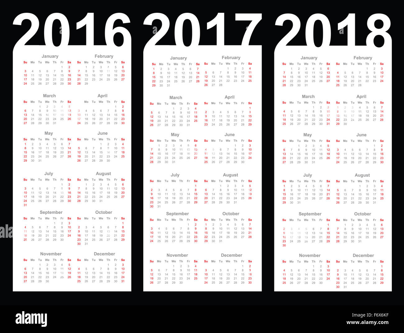 Calendario per il 2016, 2017 e 2018 anno Foto stock - Alamy