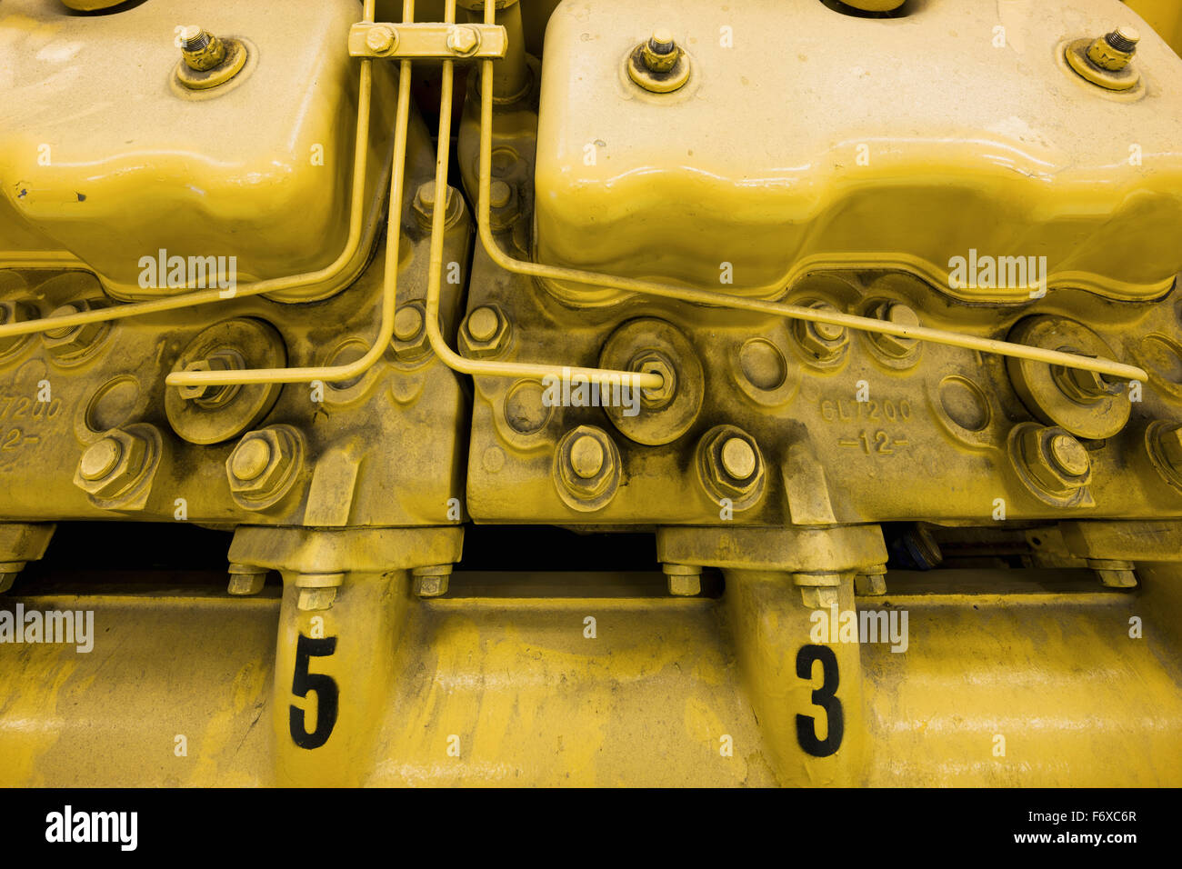 Giallo generatori diesel in un impianto di energia elettrica, Sand Point, Southwestern Alaska, STATI UNITI D'AMERICA Foto Stock